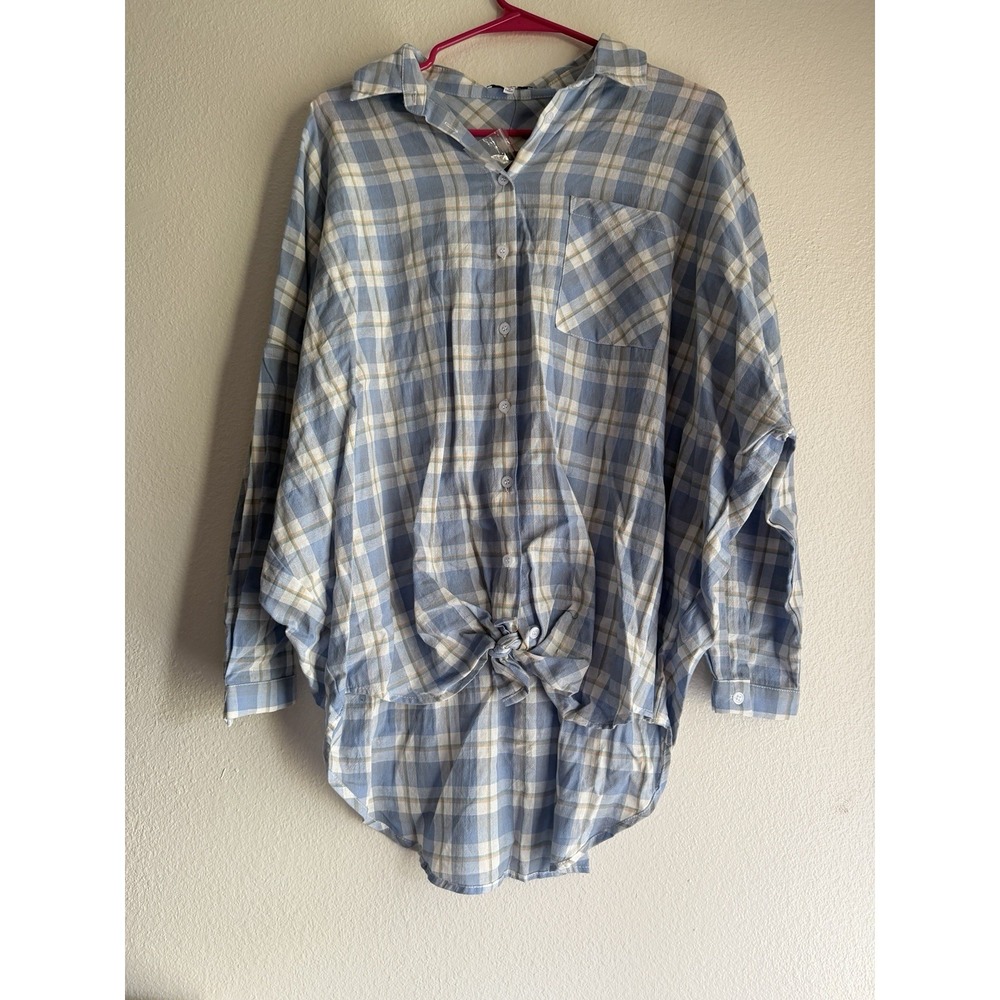 Fashion Nova Womens Long Sleeve Button Up Shirt Blue White Plaid Size M New